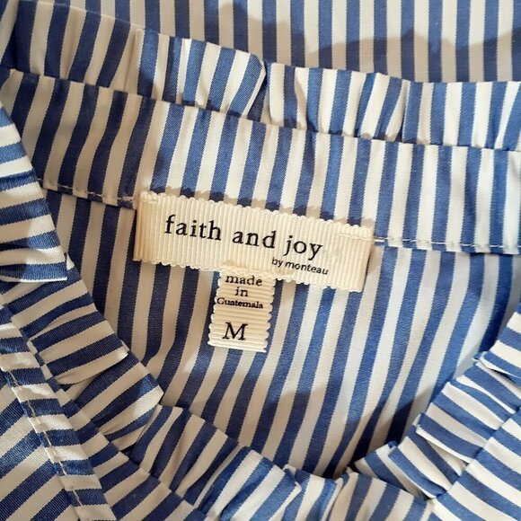 WOMEN'S FAITH & JOY Long Sleeve Blouse w Ruffles; Blue Stripe; Size M - Picture 4 of 5
